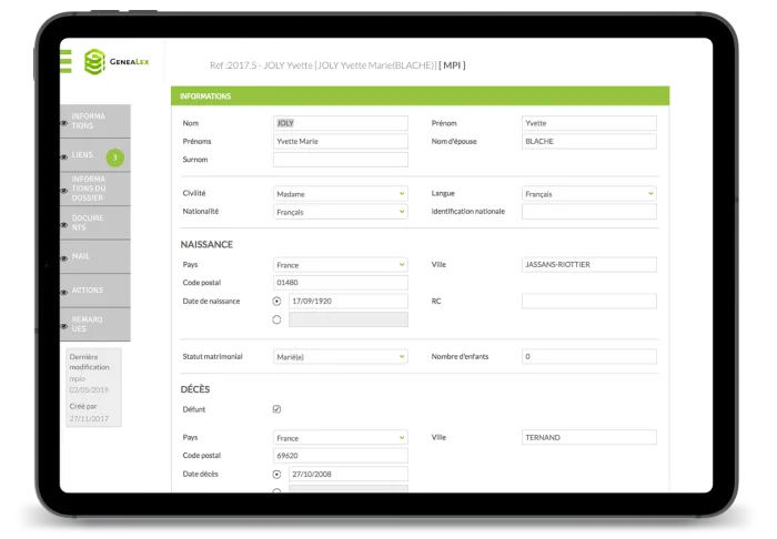 Interface Genealex — paramètres personnalisables